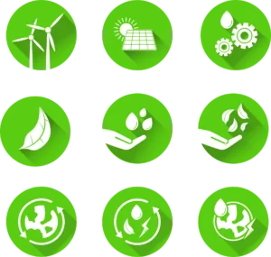 Symbole für Nachhaltigkeit und erneuerbare Energien wie Windkraft, Solarenergie, Wasserschutz und Recycling.